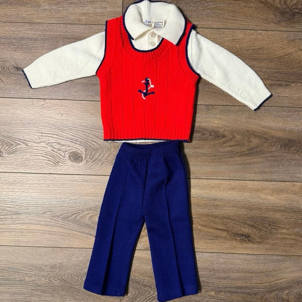 True Vintage x 70s A Little Angel Original Nautical Knit Sweater Vest Set 12M